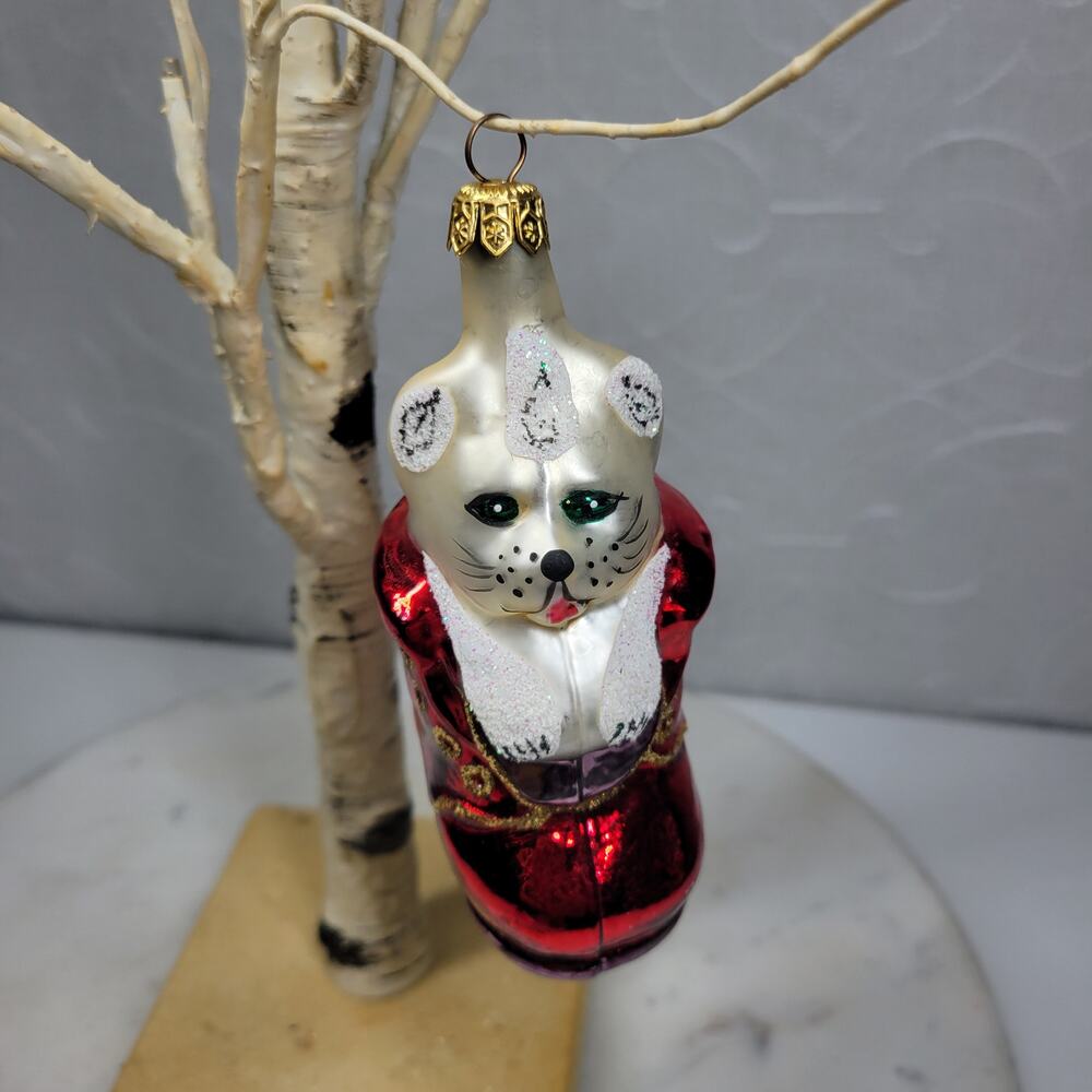 Vintage Kurt Adler Handmade Glass Cat Ornament Red Coat Glitter Christmas